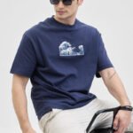 Waves Navy Printed Oversized T-Shirt