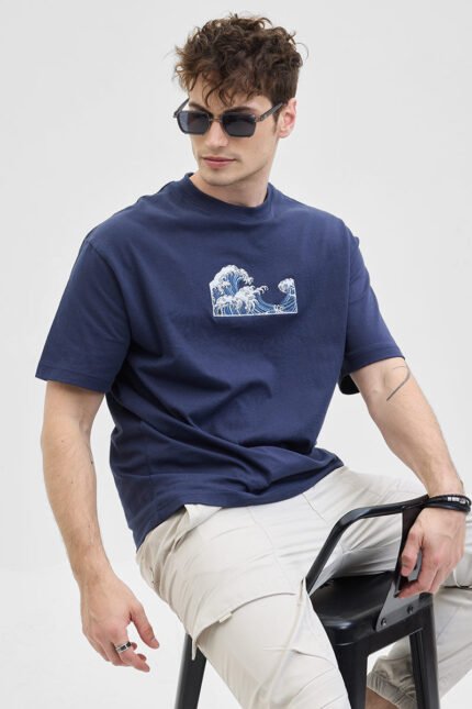 Waves Navy Printed Oversized T-Shirt